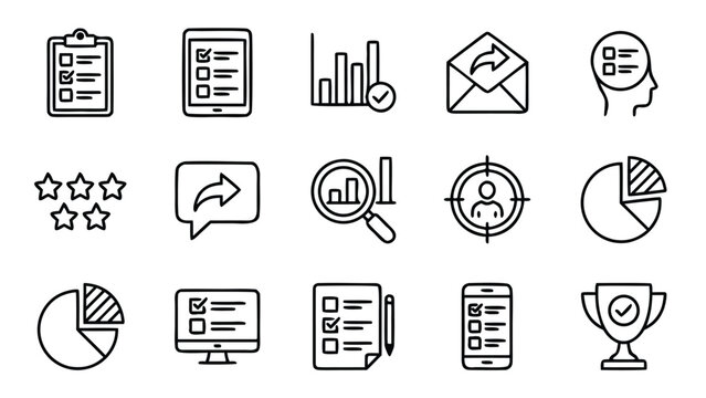 Comprehensive set of 15 survey and polling line icons featuring questionnaire, survey form, poll, response, rating, feedback, data analysis, customer satisfaction, and market research tools.