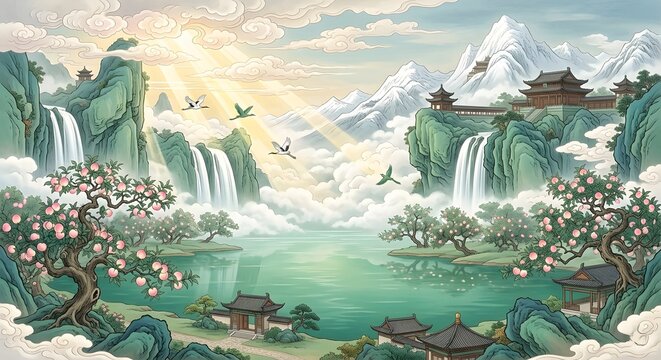 The Legend of Kunlun: Sacred Jade Pool with Immortal Peach Trees and Divine Sunbeams