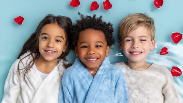 Static overhead shot of three children smiling and lying with red rose petals on blue studio backdrop