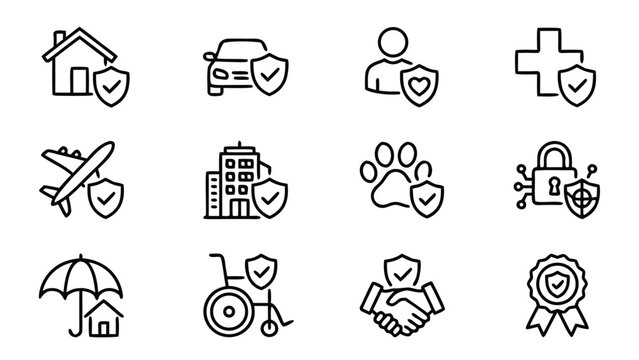 Comprehensive Set of 12 Minimalist Insurance and Protection Line Icons Featuring Home, Car, Life, Medical, Travel, Business, Pet, Cyber Security, Disability, and Liability Coverage in Vector Style