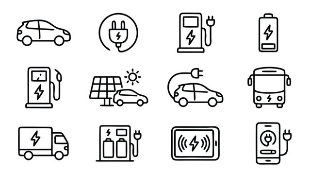 Set of 12 Electric Vehicle and Charging Station Line Icons Featuring EV Cars, Trucks, Buses, Solar Power, Wireless Charging, and Battery Status in a Minimalist Vector Style for Clean Modern Design.
