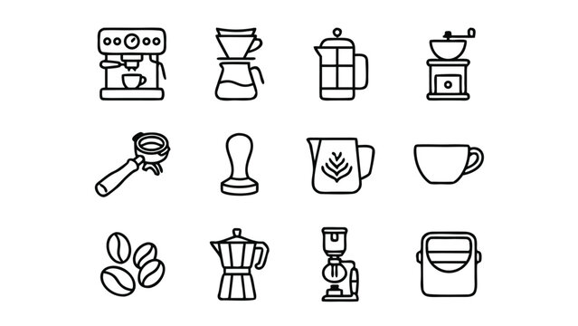 Set of 12 Minimalist Coffee and Barista Equipment Line Icons Featuring Espresso Machine, Moka Pot, French Press, Grinder, Tamper, Portafilter, Milk Pitcher, Siphon, and Beans for Cafe Brand Identity.