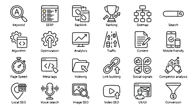 SEO and Search Engine Optimization Vector Line Icon Set Featuring Keyword Research, SERP, Backlink, Ranking, Sitemap, Analytics, Traffic, Content, Link Building, Local SEO, and Conversion Icons.