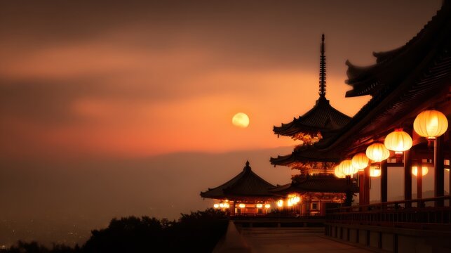 A serene sunset view featuring traditional architecture illuminated by lanterns against a glowing sky