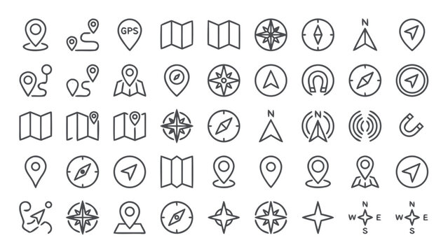 Vector Set of Map Navigation and Compass Line Icons in Minimalist Style. Includes GPS Markers, Location Pins, Folded Maps, Directional Arrows, and Compass Roses for Travel, Web, and App Design.