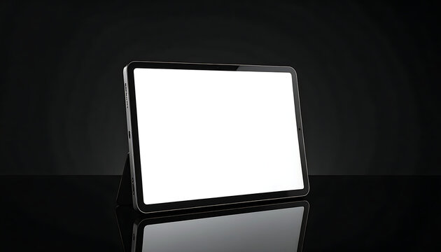 Modern digital tablet with a blank white screen stands on a reflective black surface with a dark gradient background, ideal for mockups and presentations
