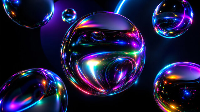 Floating Chrome Spheres with Rainbow Holographic Reflections in Dark Futuristic Space