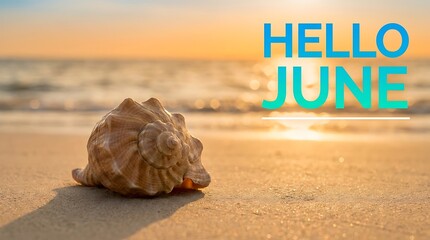 Seashell on sandy beach at sunset with ocean waves and golden light, hello june text overlay, serene summer evening by sea.
