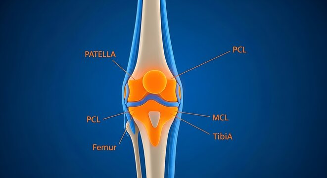 Comprehensive labeled diagram of human knee anatomy with major ligaments and bone structures highlighted