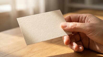 Obraz premium Hand holding a blank business card on a wooden table, close-up, ready for branding