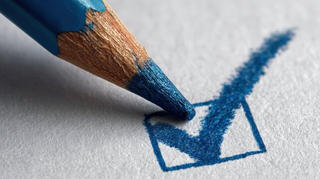 A blue pencil makes a checkmark on a white paper. ..Created with Generative AI, not depicting real subjects.