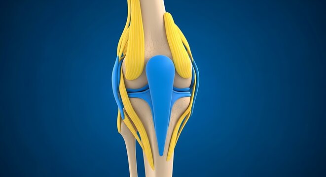 Detailed anatomical illustration of a human knee joint showcasing bones and surrounding ligaments