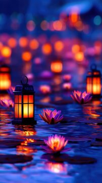 Enchanted scene featuring glowing lanterns and vibrant water lilies reflecting in tranquil water