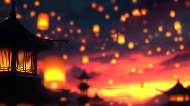 A serene sunset scene with floating lanterns illuminating a tranquil landscape
