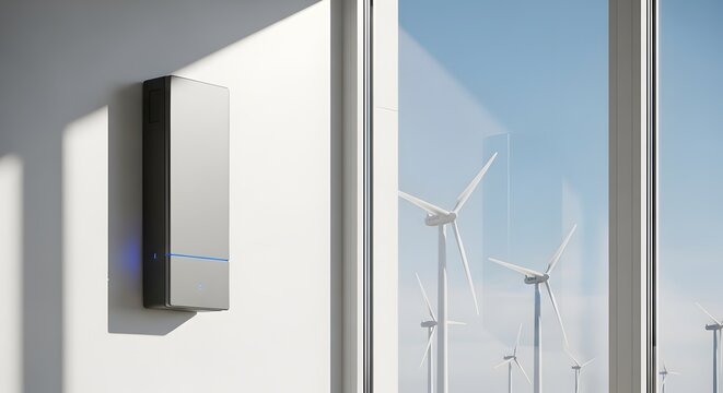 Modern energy storage unit on wall with wind turbines reflected in window