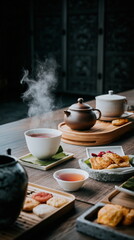 Fototapeta premium Steaming tea beside traditional teapot on wooden table, creating peaceful Asian tea ceremony atmosphere with warm cozy morning mood beautifully.