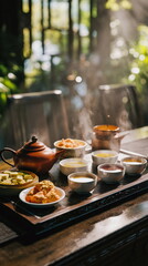 Fototapeta premium Steaming tea beside traditional teapot on wooden table, creating peaceful Asian tea ceremony atmosphere with warm cozy morning mood beautifully.