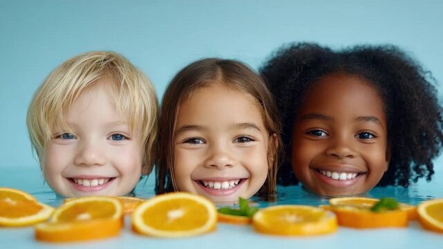 Static close up shot of three children smiling and leaning over pool edge with sliced oranges in foreground