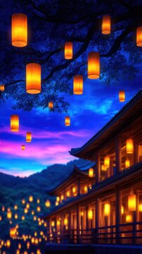 A serene twilight scene showcasing glowing lanterns hanging above a traditional structure