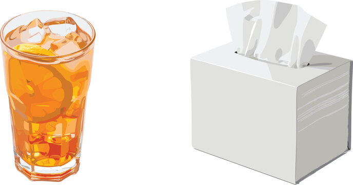 Iced tea glass and tissue box vector illustration with cold drink, ice cubes, and paper tissues