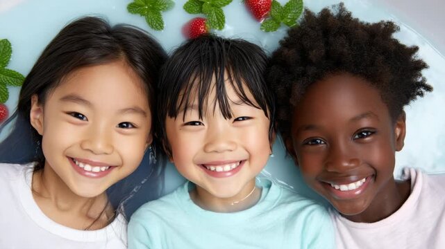 Static slow motion close up of three multicultural children smiling and laughing while lying in milk bath with strawberries and mint indoor studio setting