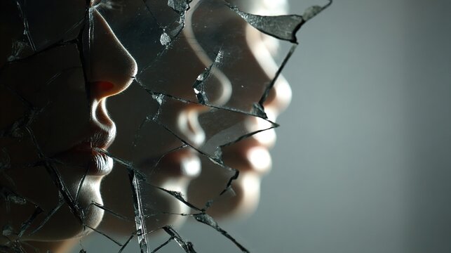 chiaroscuro. Shattered mirror reflecting distorted facial silhouettes with sharp glass shards and dramatic lighting. wellbeing guides.
