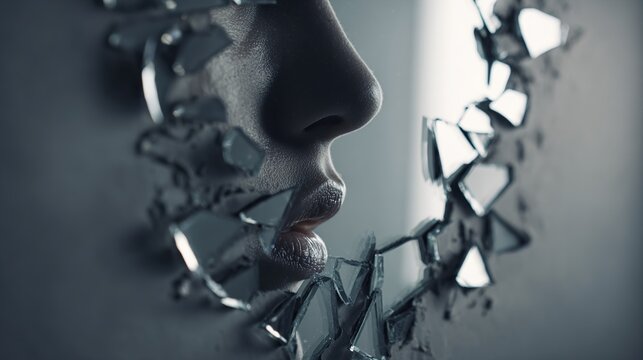 chiaroscuro. Shattered mirror reflecting distorted facial silhouettes with sharp glass shards and dramatic lighting. wellbeing guides.