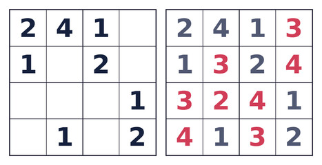 4x4 Sudoku puzzle with solution in red on black grid. Transparent PNG for logic training © Valiantsin