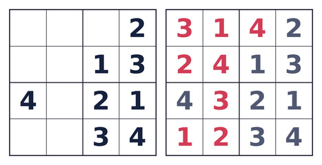 Solved 4x4 Sudoku with red answer on black grid. Transparent PNG for puzzles and worksheets. © Valiantsin