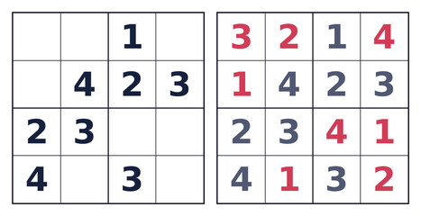 High contrast 4x4 Sudoku red and black. Transparent PNG clean grid for printables © Valiantsin