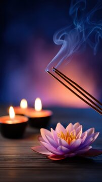 Incense sticks emit smoke above a serene lotus flower, complemented by glowing candles in the background