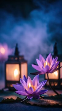 A serene scene featuring glowing lotus flowers surrounded by softly lit lanterns and misty atmosphere
