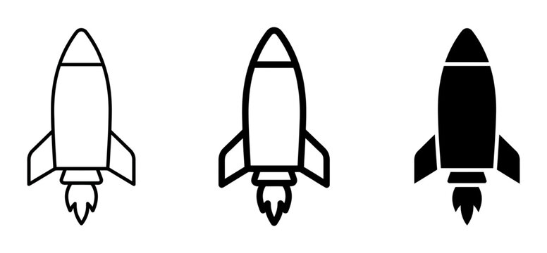 Minimalist rocket ship icons, 3 space shuttle vector set, black outline and solid launch symbols