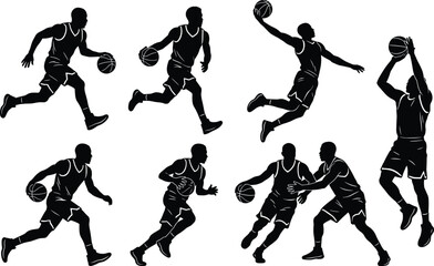 Set of black silhouettes featuring professional basketball players in various action poses including dribbling, jumping, dunking, and shooting © Abida