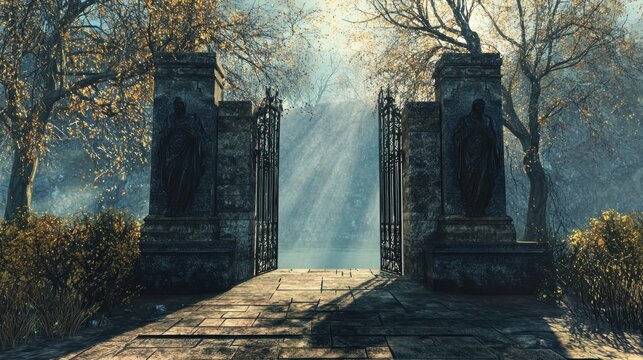 A fantasy gate guarded by a statue of Janus split by light and shadow representing duality