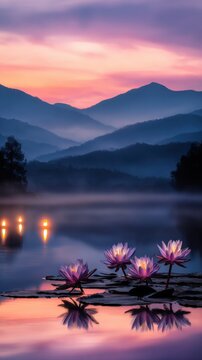 A serene lake at dusk, with purple water lilies in the foreground and misty mountains in the background