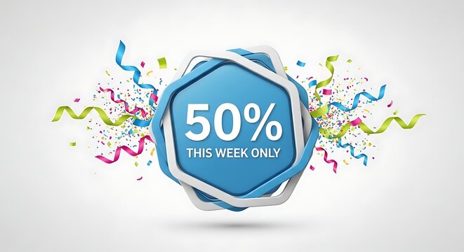 Promotional 50 percent off discount badge with vibrant confetti and celebratory streamers