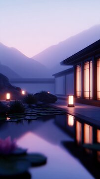 Serene evening scene of a modern structure beside a calm water body reflecting mountains