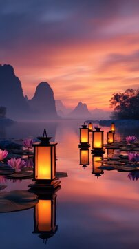 Serene twilight over a tranquil lake, illuminated lanterns and blooming lotus flowers create harmony