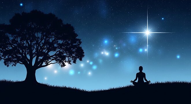 Serene silhouette of person meditating under starry night sky with glowing celestial orb