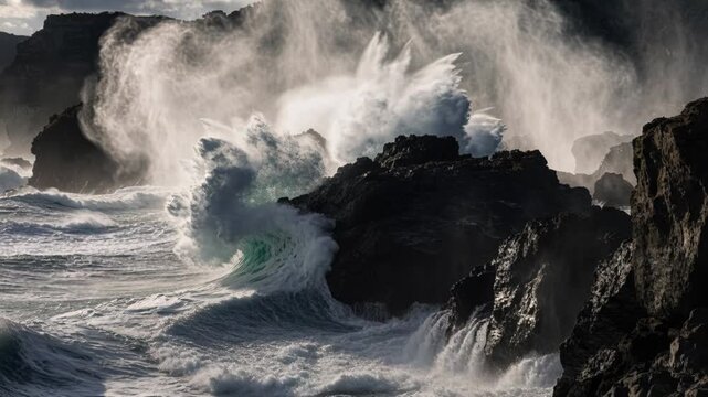 Powerful ocean wave sea rock splash spray storm power nature dramatic seascape rugged coast crashing surf moody sky tide surge spray storm