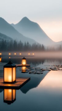 Serene landscape with glowing lanterns on water reflecting distant mountains and misty ambiance