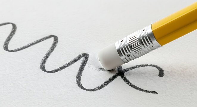 Yellow Pencil Erasing a Wavy Graphite Line on White Paper