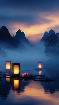 Serene twilight view with glowing lanterns and lily pads reflecting on a misty lake