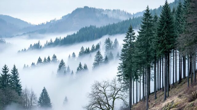 Aerial slow motion pan and tilt of fog drifting through pine forest on mountainous hillside in morning light