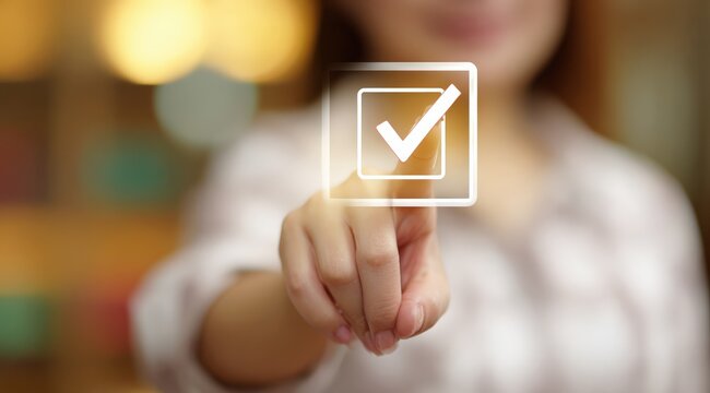 A close-up shot shows a finger pressing a glowing checkbox, symbolizing confirmation, agreement, or task completion in a digital interface. ..Created with Generative AI, not depicting real subjects.