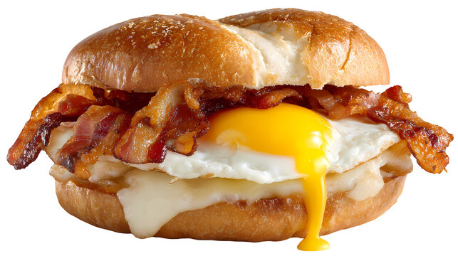 Breakfast sandwich on bun with fried egg bacon cheese and dripping yolk fast food.