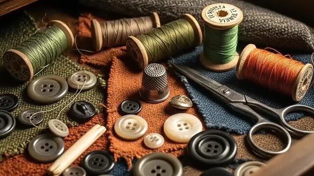 A closeup view of a sewing kit with various buttons threads and scissors showcasing the tools for tailoring and craftwork.