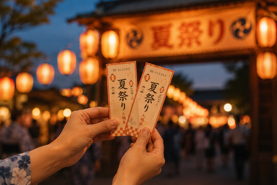 夏祭りの入場券を握る手元とぼけた祭り門が映える日本の夕暮れ風景