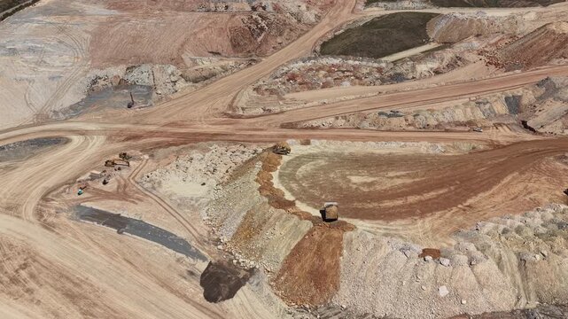 Wide aerial of mining pit of tractor pushing dirt in Utah